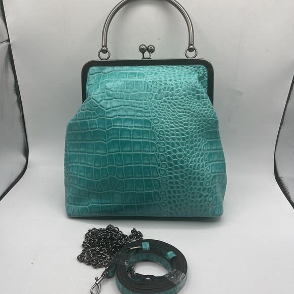 Patricia Nash Handbags - Patricia Nash NOVELlA Frame Bag Aqua Turquoise Croc Leather Kiss Lock Satchel